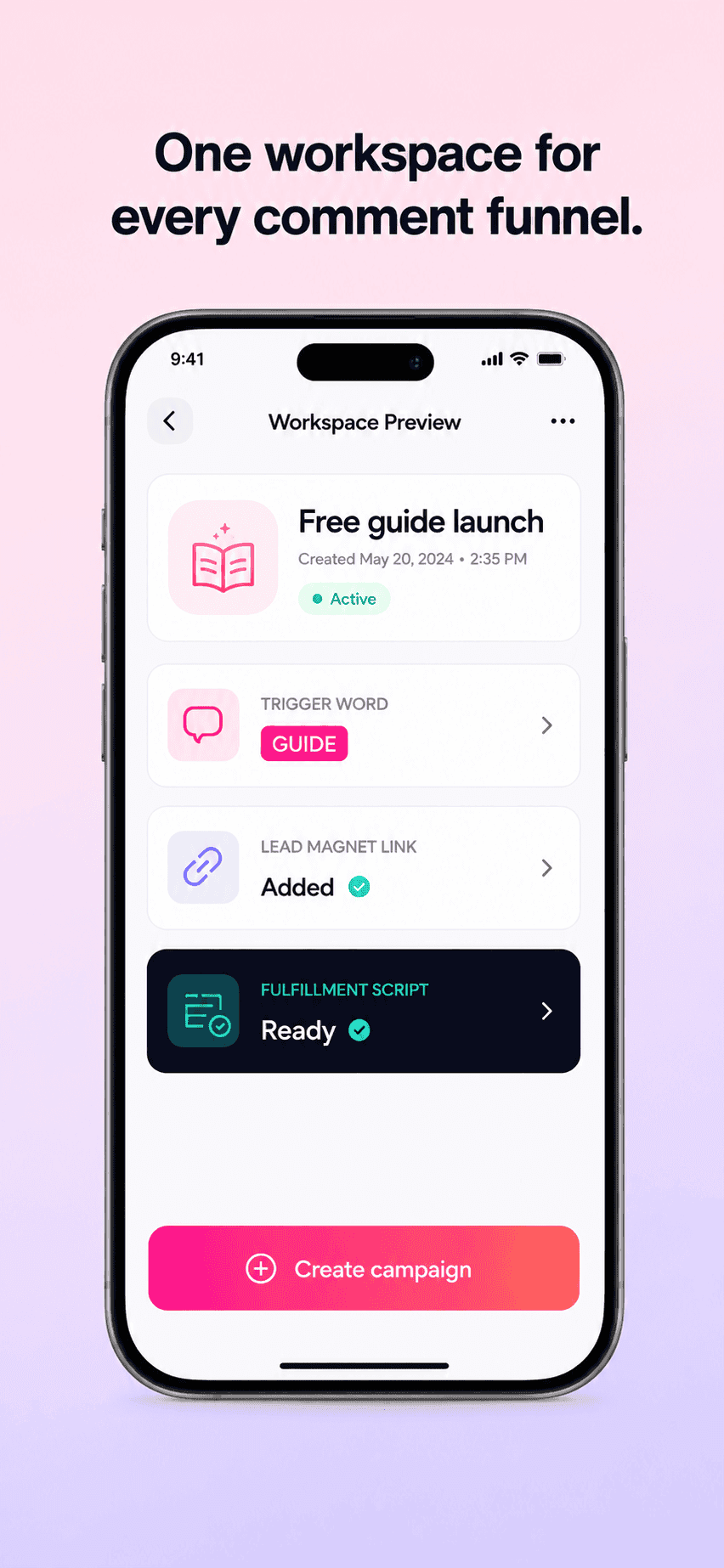GramTrigger: Workspace with keyword strategy and lead magnet links